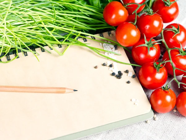 Открытая тетрадь с помидорами, луком и специями — стоковое фото