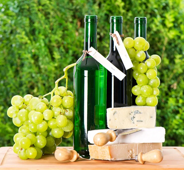 Bottle of wine, grape and cheese — Stock Photo, Image