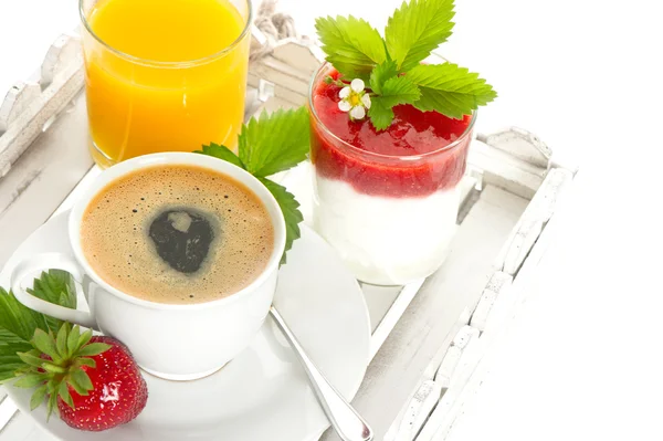 Coffee, orange juice and strawberry yogurt — Stock Photo, Image