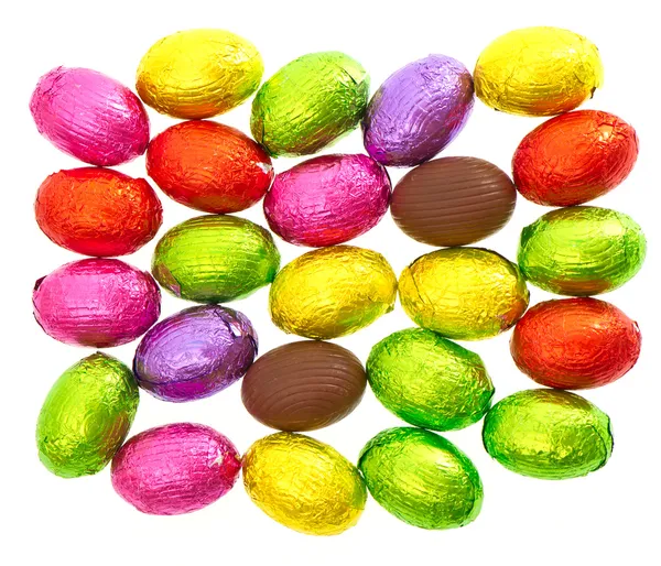 Chocolate easter eggs in colorful foil — Stock Photo, Image