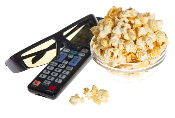 3d glasses, tv remote control and popcorn — Stock Photo, Image