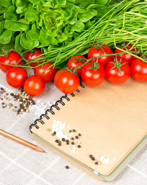 Kochbuch mit Tomaten, Schnittlauch und Gewürzen — Stockfoto