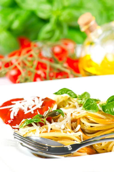 Espaguetis con salsa de tomate, albahaca fresca y parmesano rallado — Foto de Stock