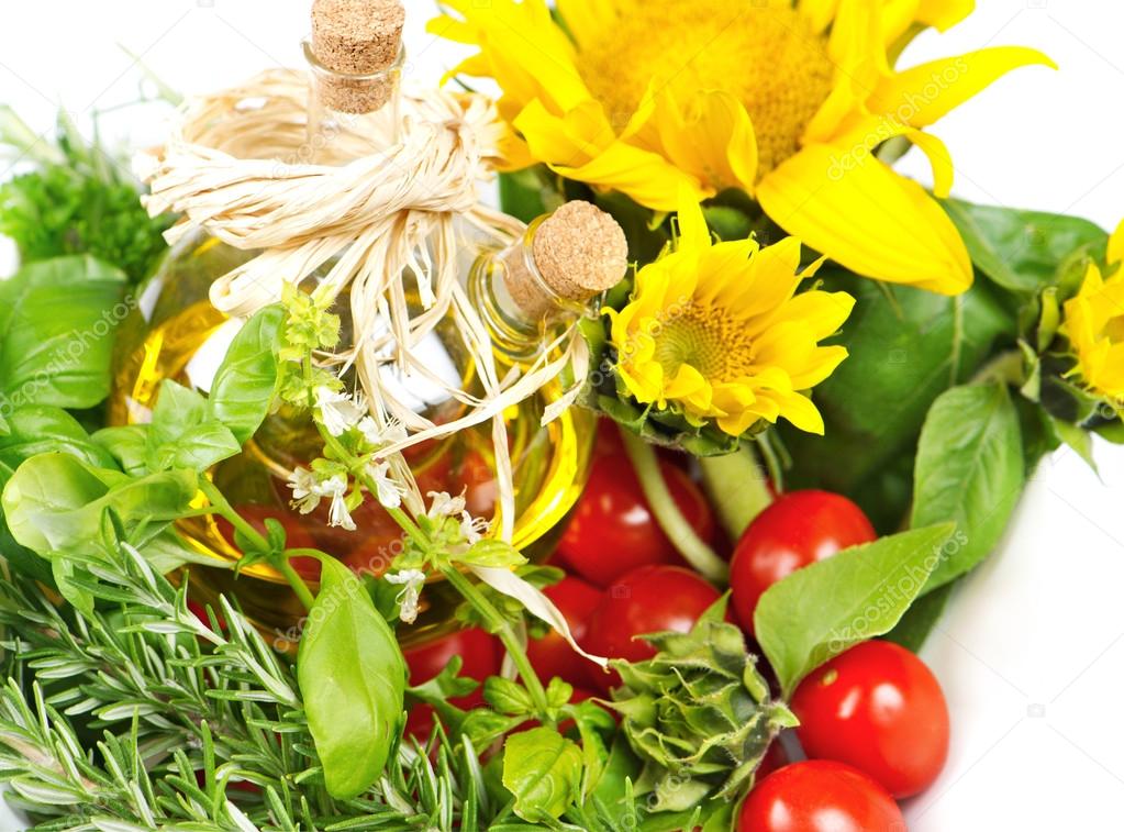 Tomatoes, sunflowers and herbs — Stock Photo © LiliGraphie 13396083