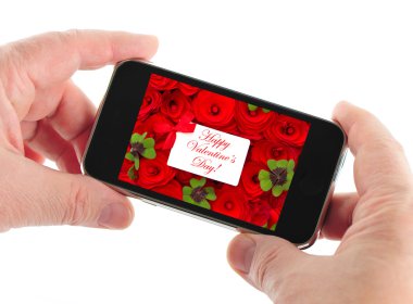 hareket eden telefon ile eller mans. Sevgililer günü