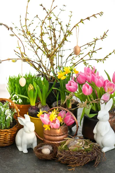 Flores de primavera con conejito de Pascua y decoración de huevos —  Fotos de Stock