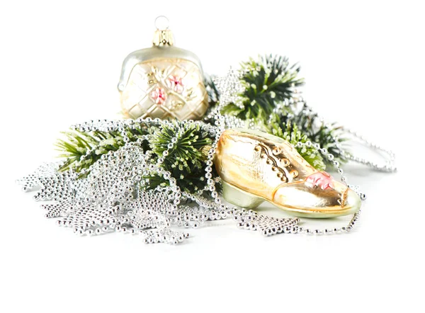 Bag and shoe as christmas tree decoration. silver garland — Stock Photo, Image