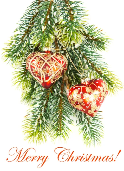 Merry christmas. red decoration on green tree. card concept — Stock Photo, Image