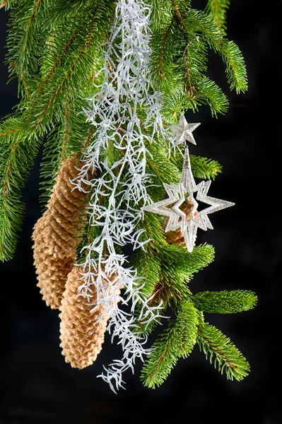 Julgran med glänsande silver dekoration — Stockfoto