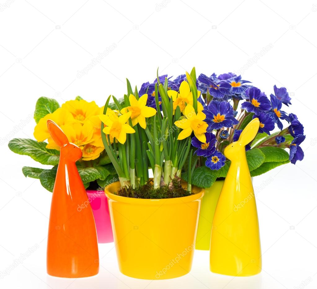 spring flowers with easter bunny decoration