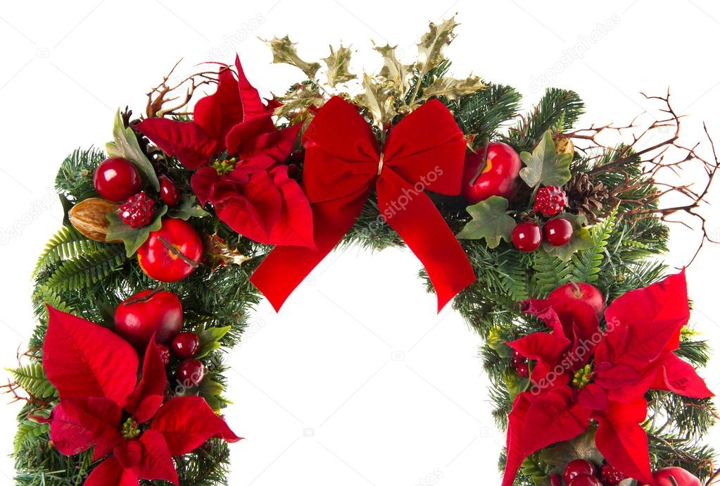 close-up of christmas wreath with poinsettia flowers