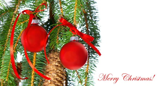 Merry christmas. decoration with red balls and fir tree branch — Stock Photo, Image