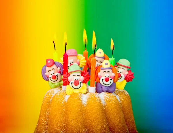 Birthday cake with burning candles and decoration — Stock Photo, Image