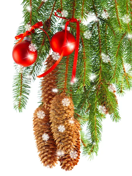 Weihnachtsdekoration mit roten Kugeln und Tannenzweig — Stockfoto