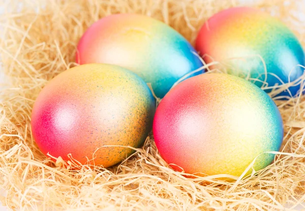 Красочные пасхальные яйца, лежащие на сене — стоковое фото