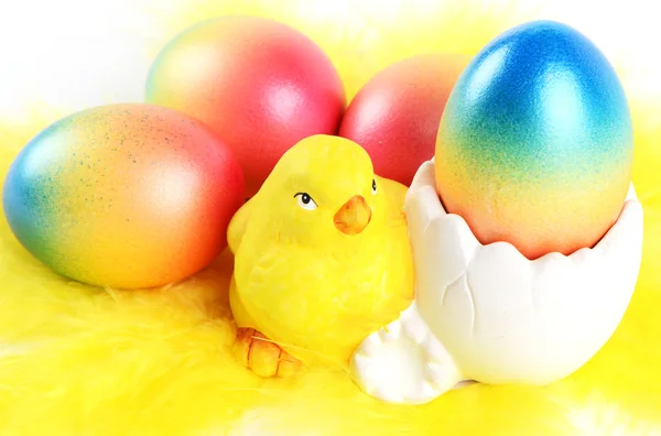 Pasen kip en kleurrijke paaseieren — Stockfoto