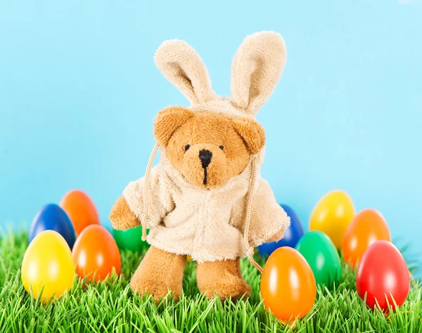 Niedlicher Bär als Osterhase mit bunten Eiern. Dekoration — Stockfoto