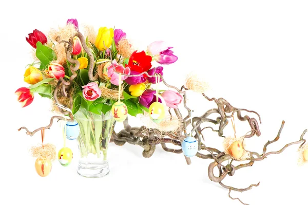 Bouquet of fresh colorful tulips flowers with easter decoration — Stock Photo, Image