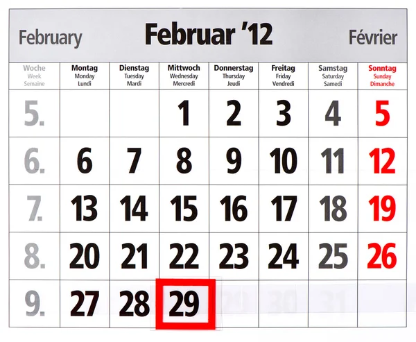 Schaltjahrkalender mit roter Markierung am 29. Februar — Stockfoto