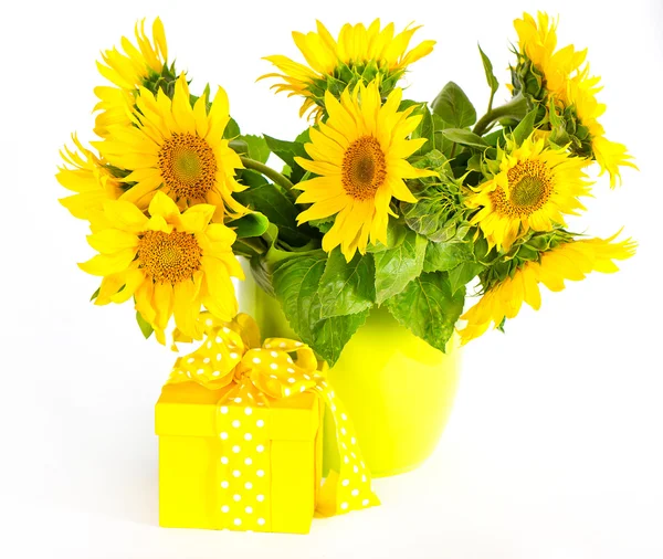 Krásné slunečnice s dárkový box — Stock fotografie
