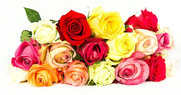 Színes rózsák, gyönyörű virág csokor fehér háttér — Stock Fotó