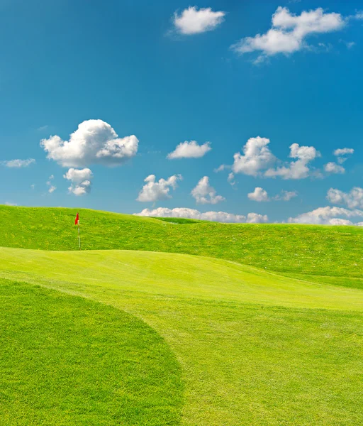 Ggolf pole. krásná zelená krajina s modrou oblohou — Stock fotografie