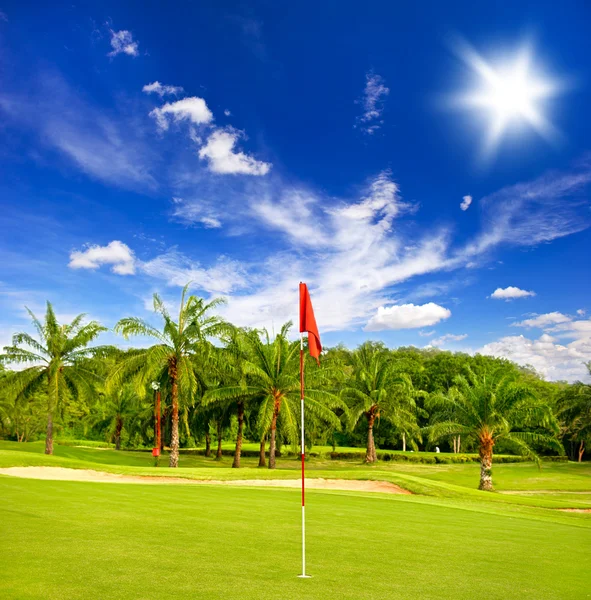 Campo de golf con palmeras sobre cielo azul nublado — Foto de Stock