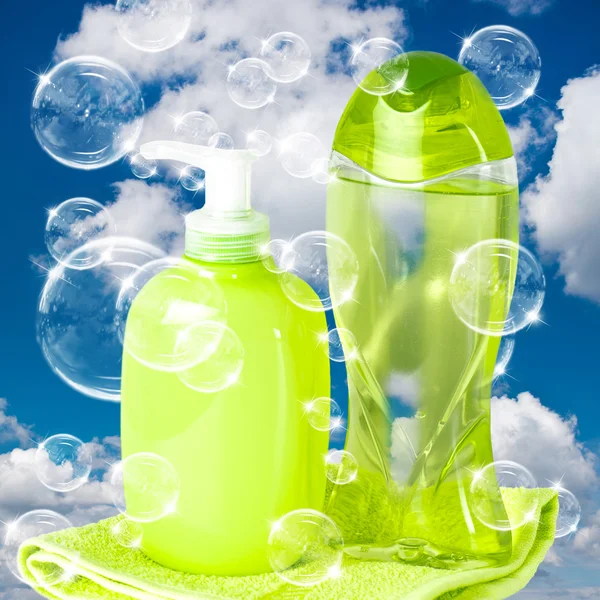 Soap bubbles on cloudy sky background — Stock Photo, Image