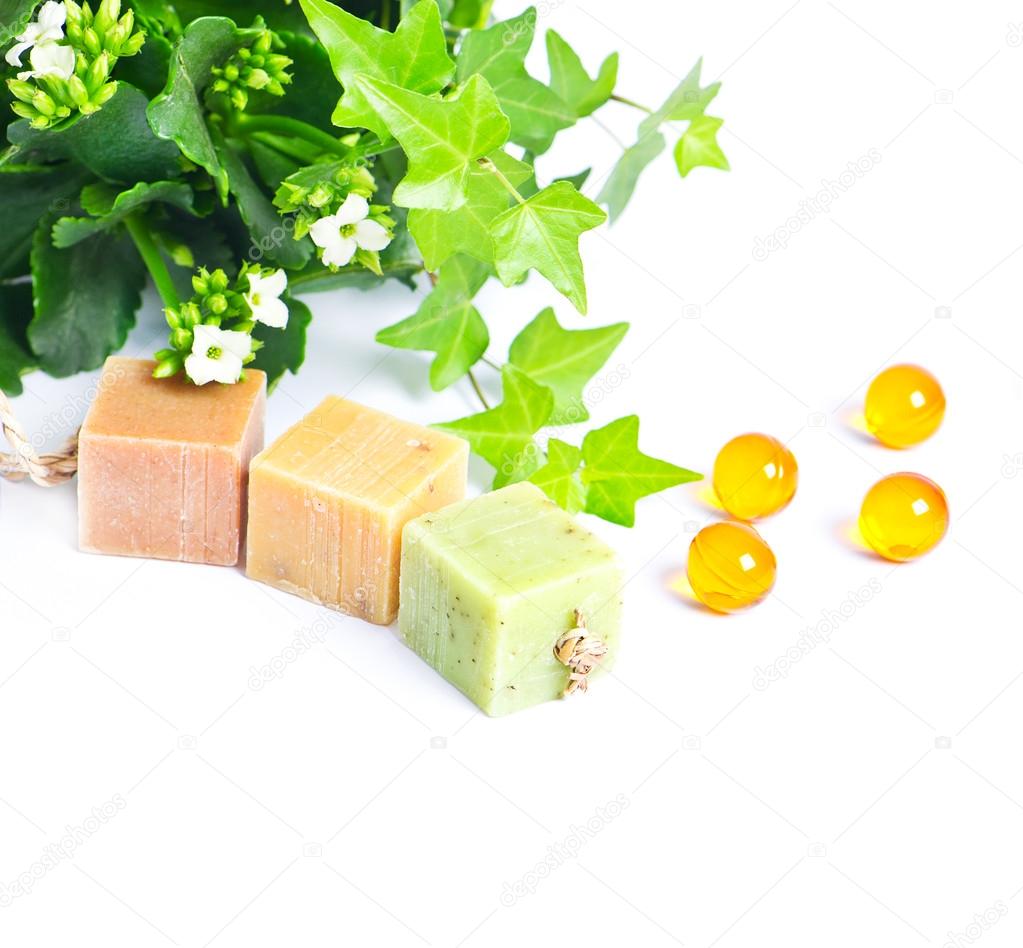 pieces of organic soap with green plant