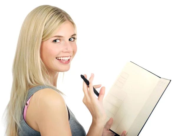 Retrato de menina bonito segurando diário — Fotografia de Stock