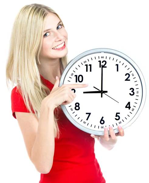 Junge Frau in der Hand einer Uhr. Zeitmanagement-Konzept — Stockfoto