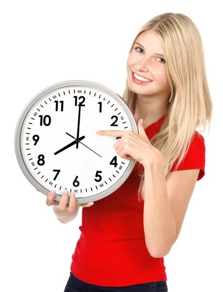 Conceito de tempo. jovem bela mulher segurando grande relógio — Fotografia de Stock
