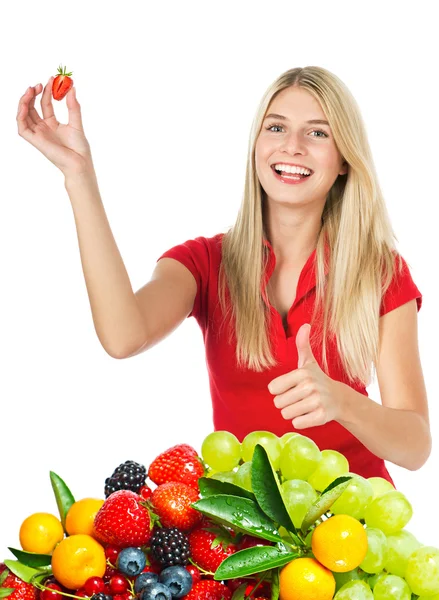 Joven hermosa mujer con frutas frescas y bayas —  Fotos de Stock