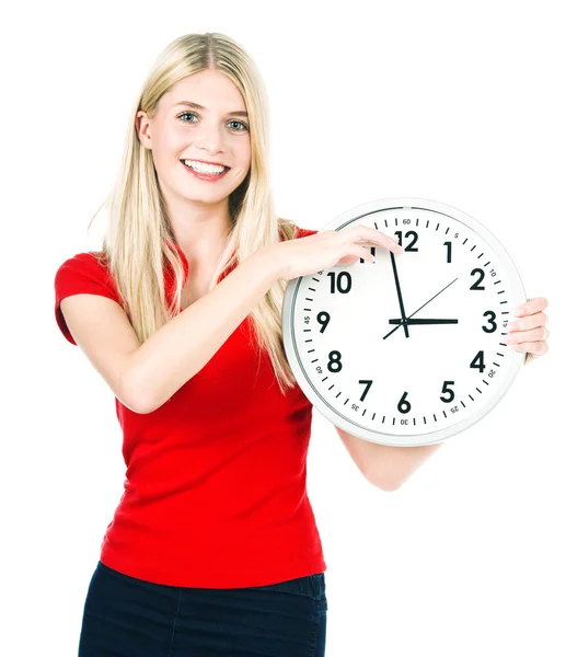 Jeune belle femme avec l'horloge — Photo