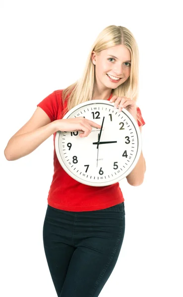 Woman with the clock on white background Royalty Free Stock Images