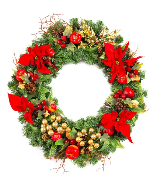 Christmas Krans med julstjärna blommor och gyllene dekoration — Stockfoto