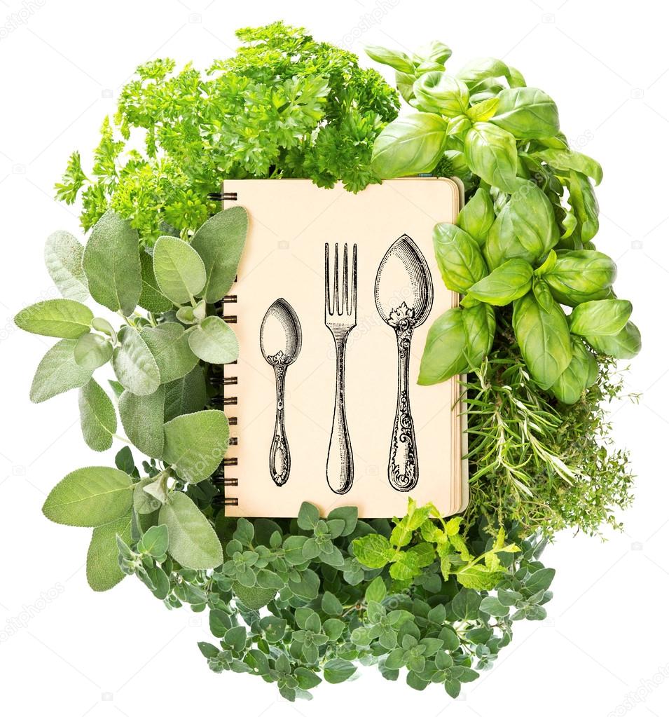 Cookbook with variety fresh herbs