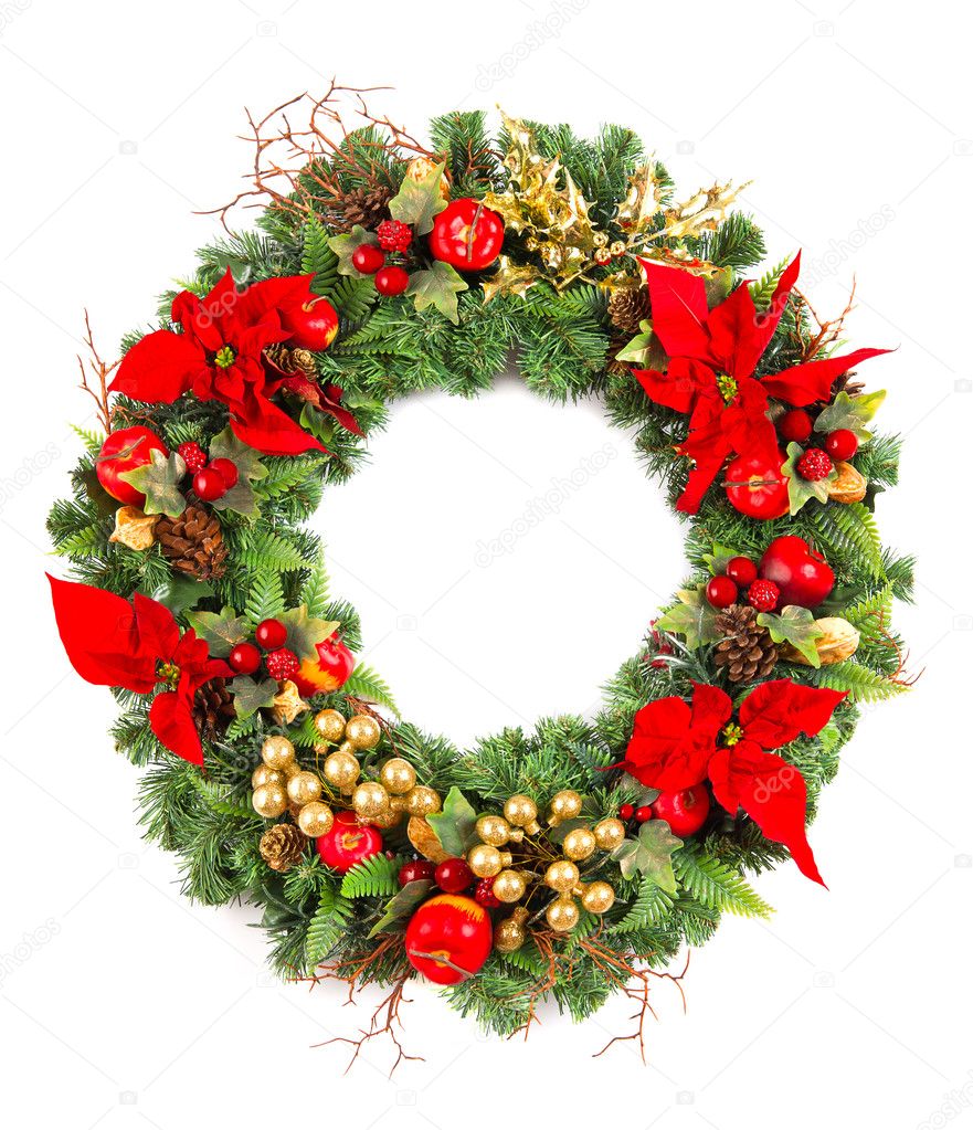 Christmas wreath with poinsettia flowers and golden decoration