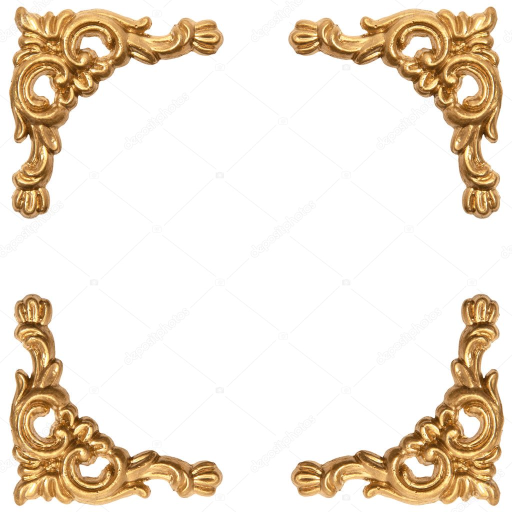 Golden elements of carved frame on white
