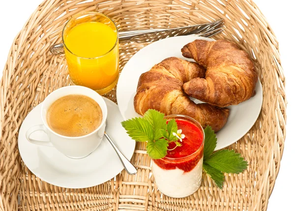 Snídaně s kávou a pomerančovým džusem — Stock fotografie