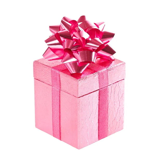 Pink gift box with bow on white — Stock Photo, Image