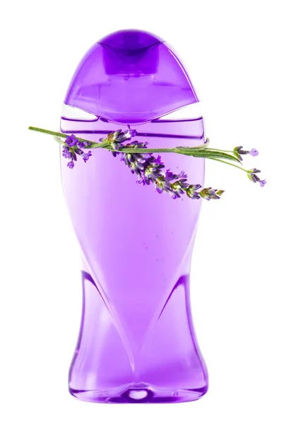 ラベンダーの花を持つ液体石鹸のボトル — ストック写真