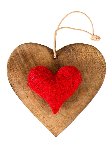Wooden heart and red heart — Stock Photo, Image