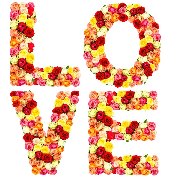 LOVE, roses flower letters on white background — Stock Photo, Image