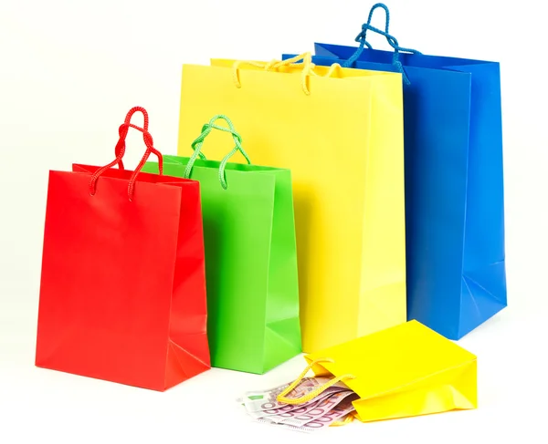 Vendita borse shopping rosso, blu, giallo, verde — Foto Stock