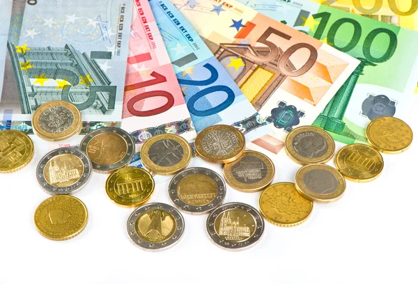 Primo piano della valuta in euro. monete e banconote — Foto Stock