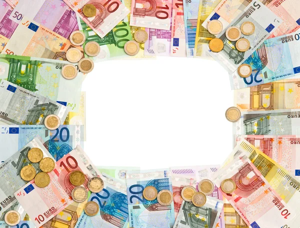 Rahmen für Euro-Münzen und Banknoten — Stockfoto