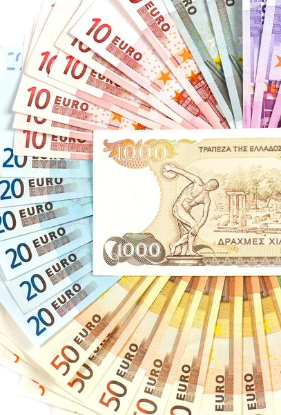 Old greek drachma and euro cash notes. euro crisis concept — Stock Photo, Image
