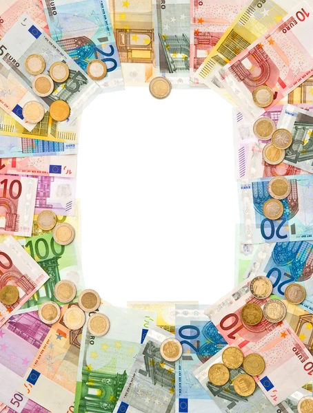 Rahmen für Euro-Münzen und Banknoten — Stockfoto