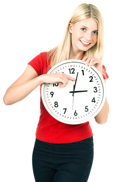 Junge Frau in der Hand einer Uhr. Zeitmanagement-Konzept — Stockfoto